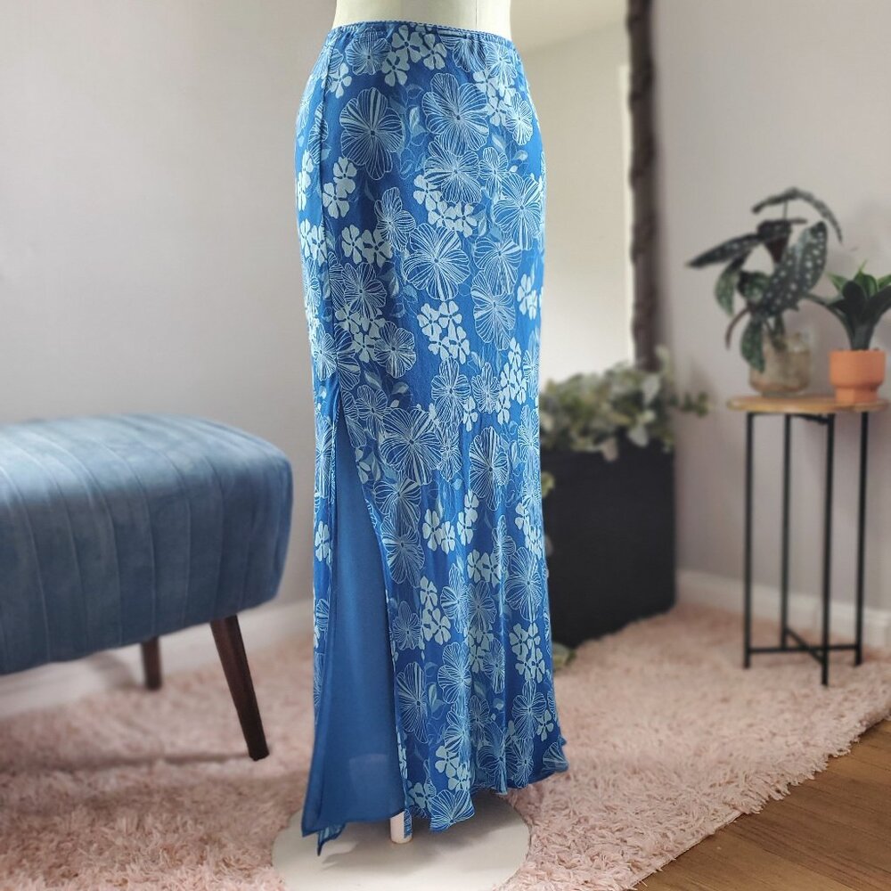 Vintage 90's Y2K Hawiian Layered Floral Maxi Silk Skirt with Slits 🌺